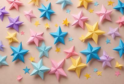 The primary subject of the image is a collection of colorful stars made from paper. These stars are arranged in various shapes and sizes, creating a visually appealing and vibrant display. The setting is a table, and the visual style is a combination of digital art and illustration. The dominant colors in the image are pink, blue, yellow, and white, giving the scene a cheerful and lively atmosphere.